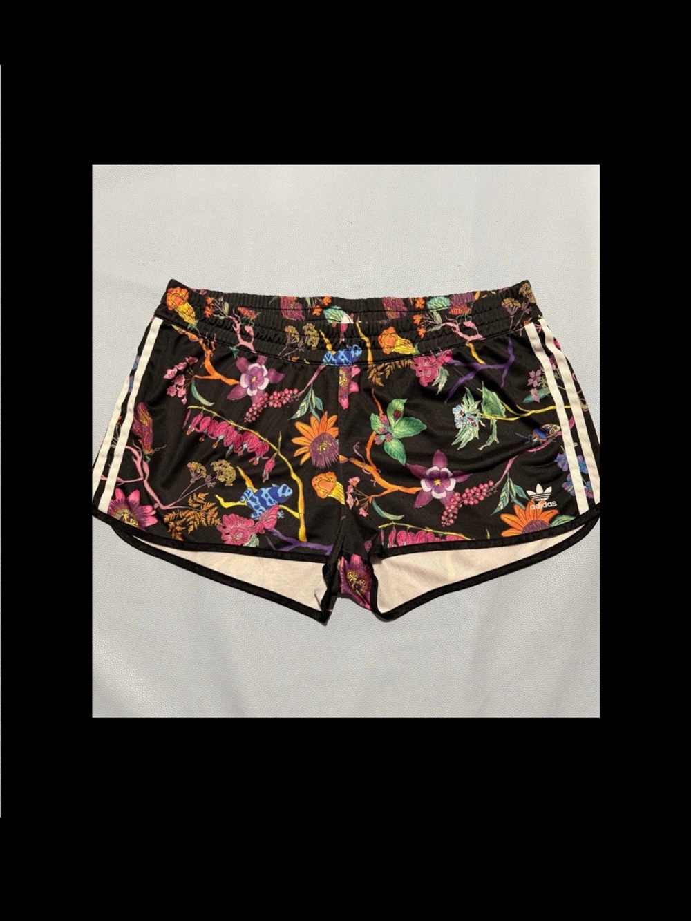 adidas Women's Black Floral Athletic Shorts with Side Stripes